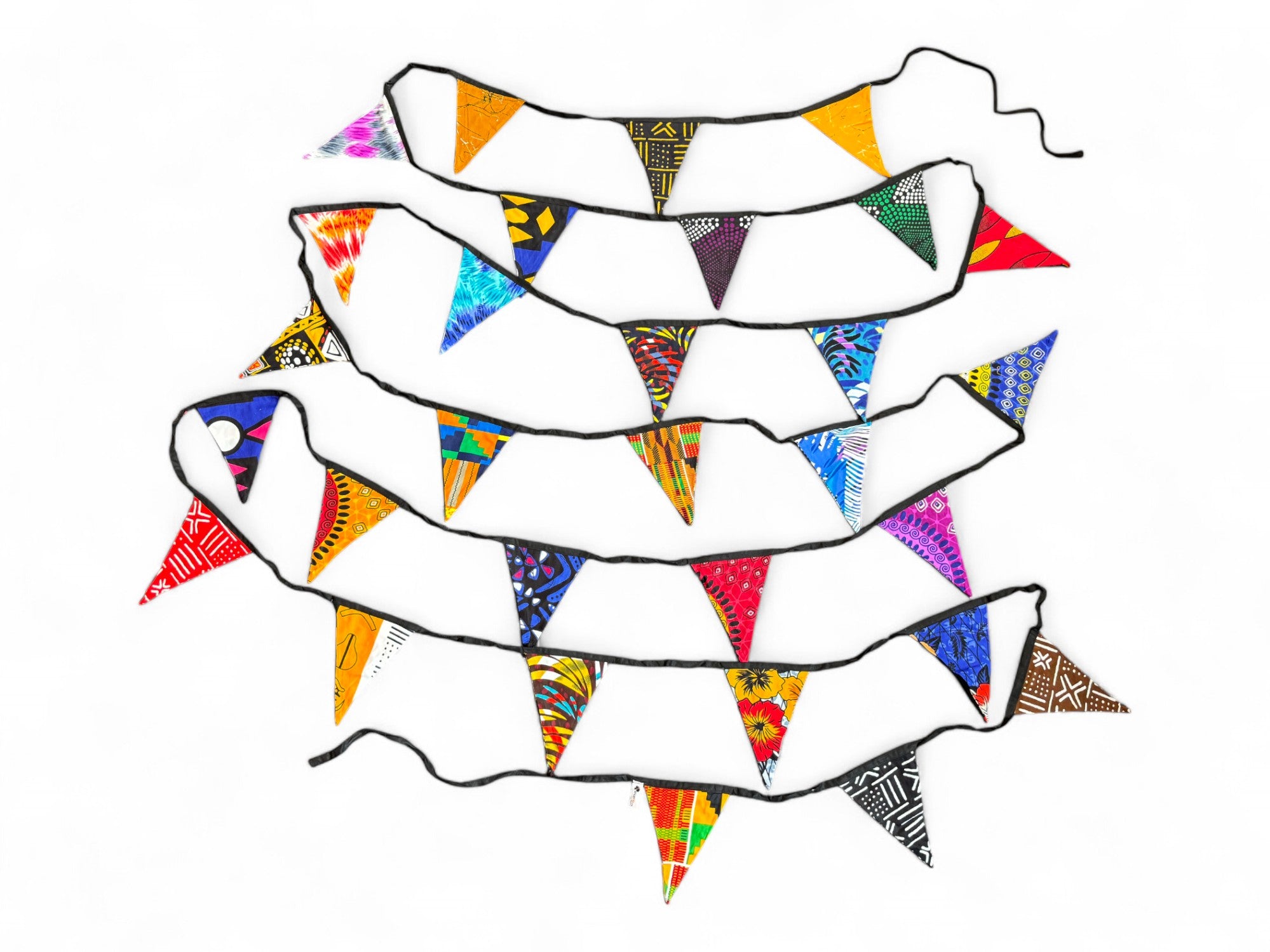 African print Bunting Flags / Fabric Garlands - Black ribbon - 10 meters