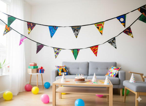 African print Bunting Flags / Fabric Garlands - Black ribbon - 5 meters