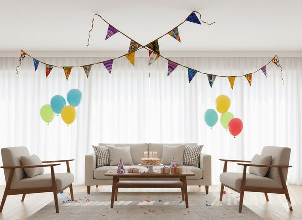 African print Bunting Flags / Fabric Garlands - Brown ribbon - 5 meters