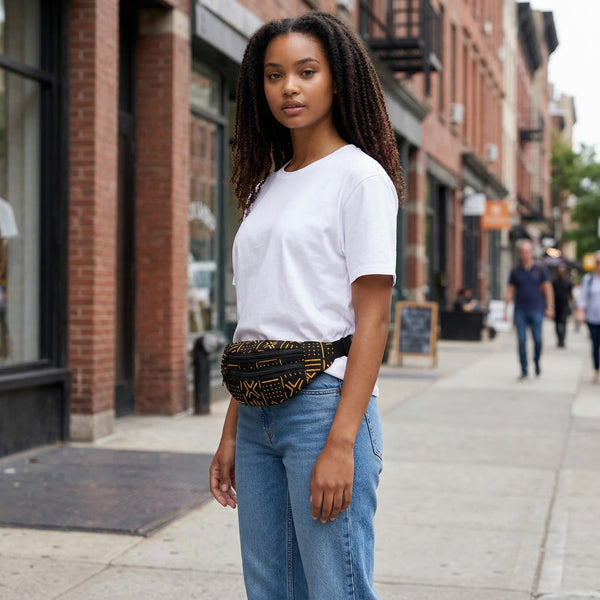 African Print Fanny Pack - Yellow / black bogolan - Ankara Waist Bag / Bum bag / Festival Bag