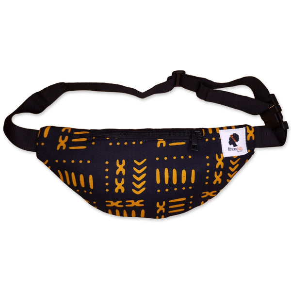 African Print Fanny Pack - Black yellow bogolan - Ankara Waist Bag / Bum bag / Festival Bag with Adjustable strap