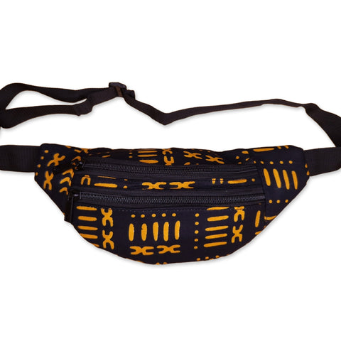 African Print Fanny Pack - Black yellow bogolan - Ankara Waist Bag / Bum bag / Festival Bag with Adjustable strap