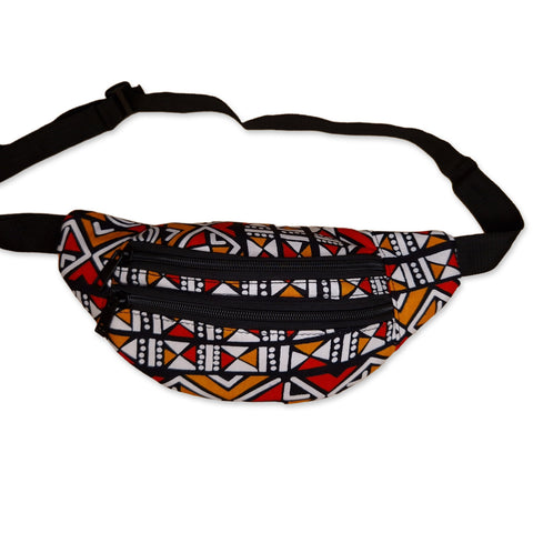 African Print Fanny Pack - Red / orange bogolan - Ankara Waist Bag / Bum bag / Festival Bag with Adjustable strap
