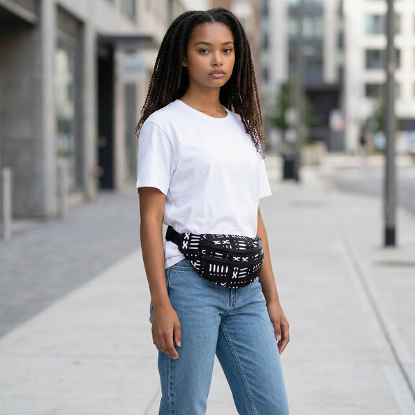 African Print Fanny Pack - Black white bogolan - Ankara Waist Bag / Bum bag / Festival Bag