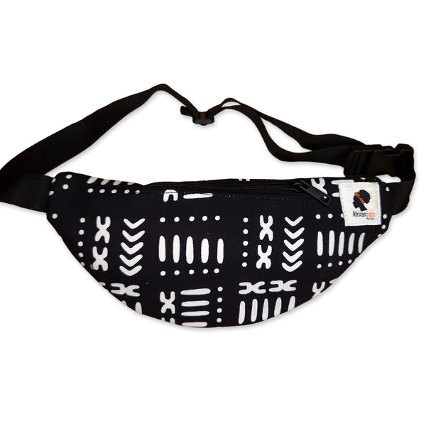 African Print Fanny Pack - Black white bogolan - Ankara Waist Bag / Bum bag / Festival Bag with Adjustable strap