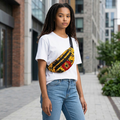 African Print Fanny Pack - Yellow / red flower - Ankara Waist Bag / Bum bag / Festival Bag