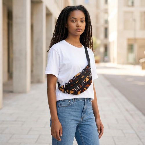 African Print Fanny Pack - Brown bogolan - Ankara Waist Bag / Bum bag / Festival Bag