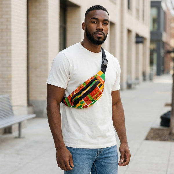 African Print Fanny Pack - Green / Yellow Kente - Ankara Waist Bag / Bum bag / Festival Bag