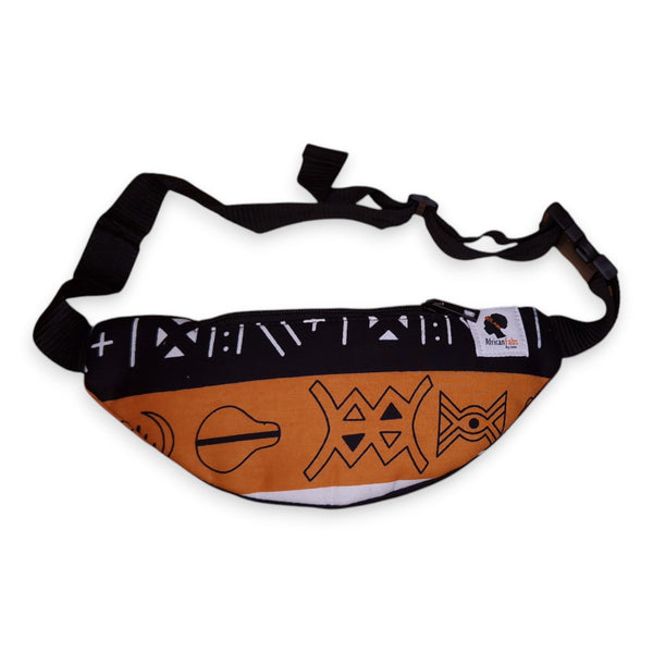 African Print Fanny Pack - Brown Bogolan Symbols - Ankara Waist Bag / Bum bag / Festival Bag