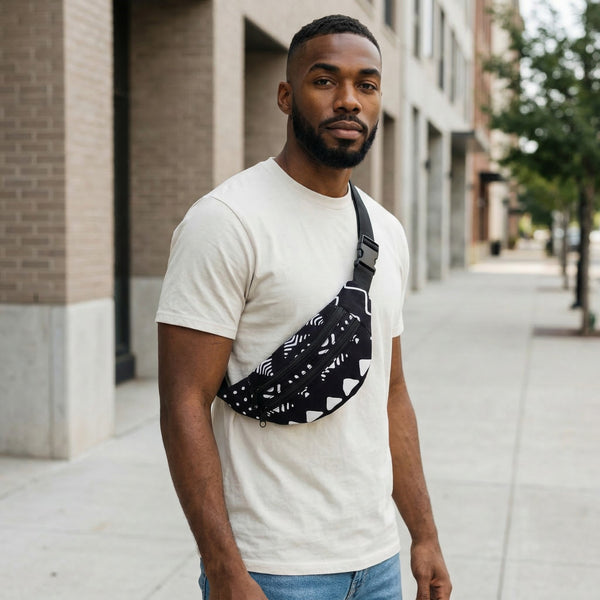 African Print Fanny Pack - Black / white bogolan - Ankara Waist Bag / Bum bag / Festival Bag with Adjustable strap