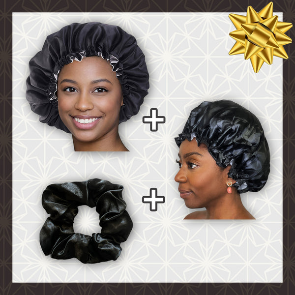 SATIN SET - Protect your hair & keep it dry - Black Satin Hair Bonnet + Shower cap + Scrunchie