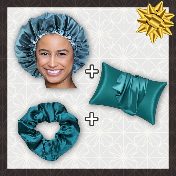 SATIN SET - Protect your hair & skin - Teal Hair Bonnet + Satin Pillowcase + Scrunchie
