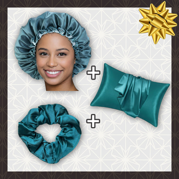 SATIN SET - Protect your hair & skin - Teal Hair Bonnet + Satin Pillowcase + Scrunchie
