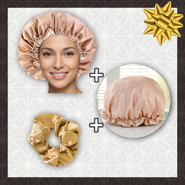 SATIN SET - Protect your hair & keep it dry - Khaki Satin Hair Bonnet + Shower cap + Scrunchie