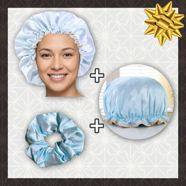 SATIN SET - Protect your hair & keep it dry - Sky blue Satin Hair Bonnet + Shower cap + Scrunchie