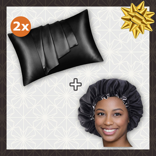 SATIN SET - Protect your hair & skin - Black Satin Hair Bonnet + 2 x Satin Pillowcase