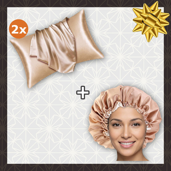 SATIN SET - Protect your hair & skin - Khaki Satin Hair Bonnet + 2 x Satin Pillowcase