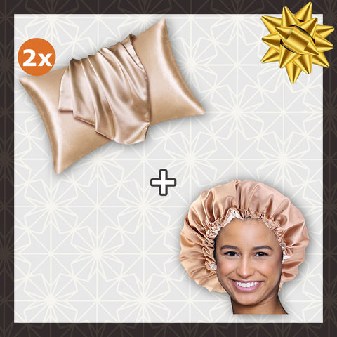 SATIN SET - Protect your hair & skin - Kaki Satin Hair Bonnet + 2 x Satin Pillowcase