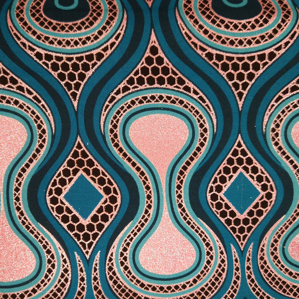 African print fabric - Exclusive Embellished Glitter effects 100% cotton - GL-4017 Turquoise Pink Rose Gold