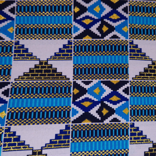 African print fabric - Exclusive Embellished Glitter effects 100% cotton - GL-4026 Blue Gold Kente