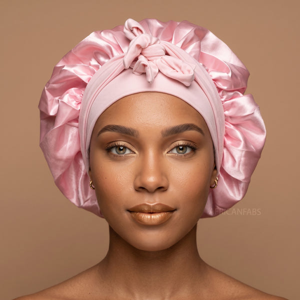 Satin Hair Bonnet with straps - Pink ( Satin Night sleep cap )