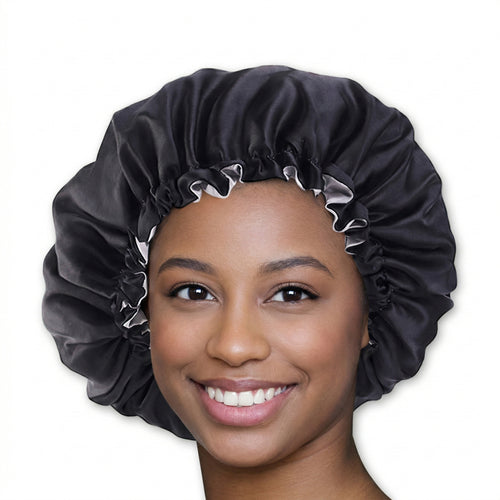 SATIN SET - Protect your hair & skin - Black Satin Hair Bonnet + Satin Pillowcase + Scrunchie