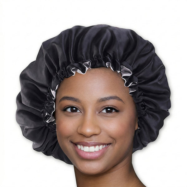 SATIN SET - Protect your hair & skin - Black Satin Hair Bonnet + Satin Pillowcase + Scrunchie