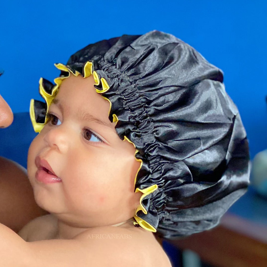 Black Yellow Satin Hair Bonnet (Kids Children's size 3-7 years