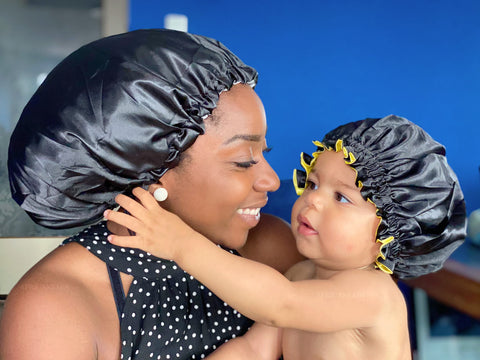 Black / Yellow Satin Hair Bonnet (Mother+Daughter / Mommy & Me set) Kids Bonnet set (Reversable Satin Night sleep cap)
