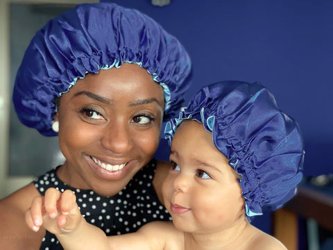 Blue Satin Hair Bonnet (Mother+Daughter / Mommy & Me set) Kids Bonnet set (Reversable Satin Night sleep cap)