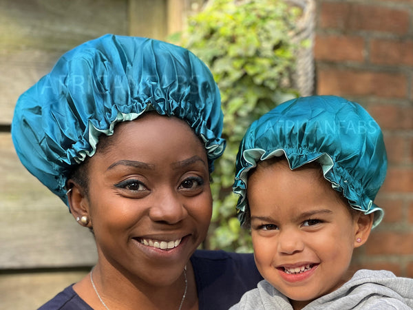 Green Satin Hair Bonnet (Mother+Daughter / Mommy & Me set) Kids Bonnet set (Reversable Satin Night sleep cap)