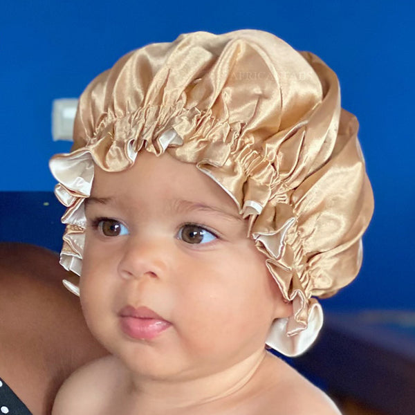 Khaki Satin Hair Bonnet (Kids / Children's size 3-7 years) (Reversable Satin Night sleep cap)