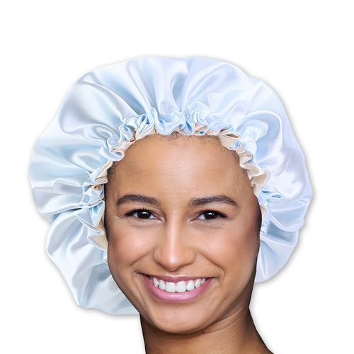 SATIN SET - Protect your hair & keep it dry - Sky blue Satin Hair Bonnet + Shower cap + Scrunchie