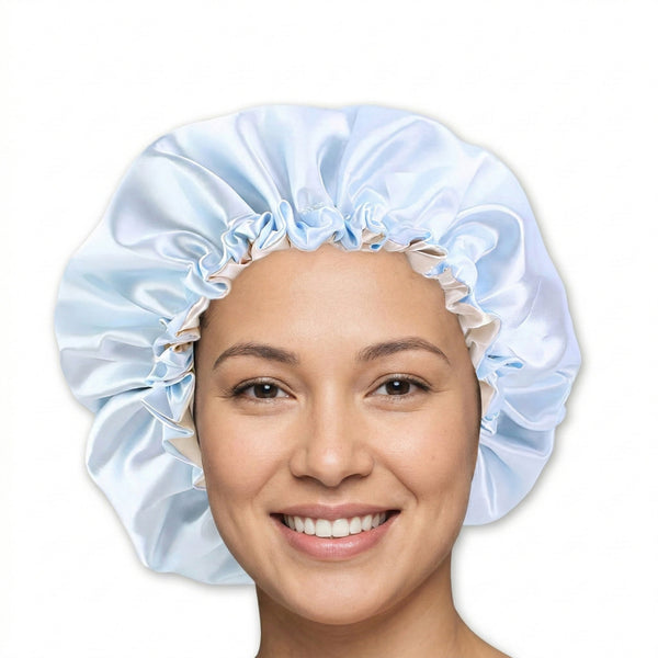 SATIN SET - Protect your hair & keep it dry - Sky blue Satin Hair Bonnet + Shower cap + Scrunchie