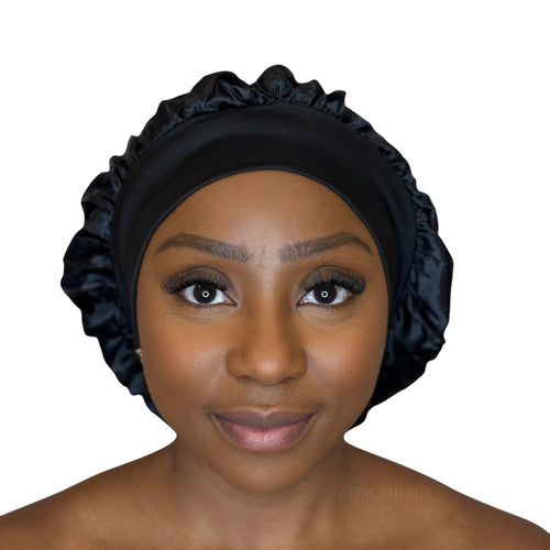 Satin Hair Bonnet - Black ( Satin Night sleep cap )