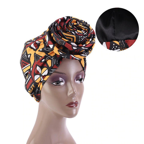 Pre-wrapped bandana / hat - African Bogolan Print Satin lined night cap