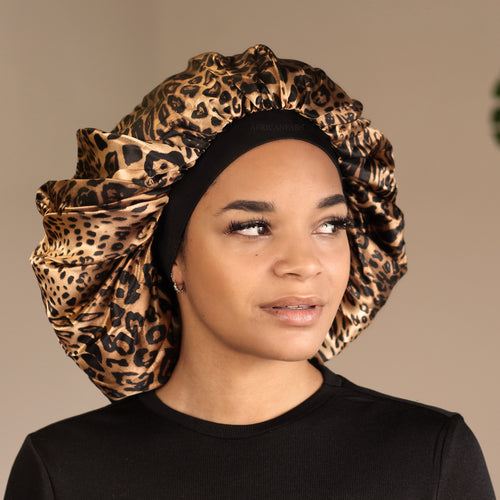 Extra Large African Leopard Print Hair Bonnet ( Satin lined Night sleep cap )