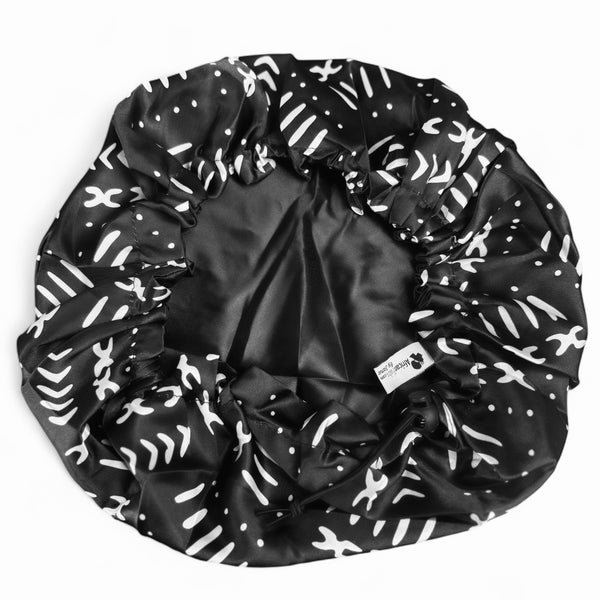 Black mud / bogolan Satin Hair Bonnet ( Adjustable & Reversable Satin Night sleep cap )