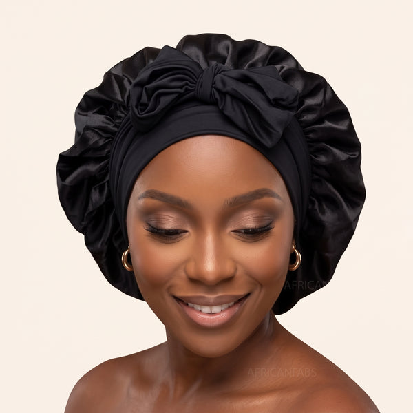 Satin Hair Bonnet with straps - Black ( Satin Night sleep cap )
