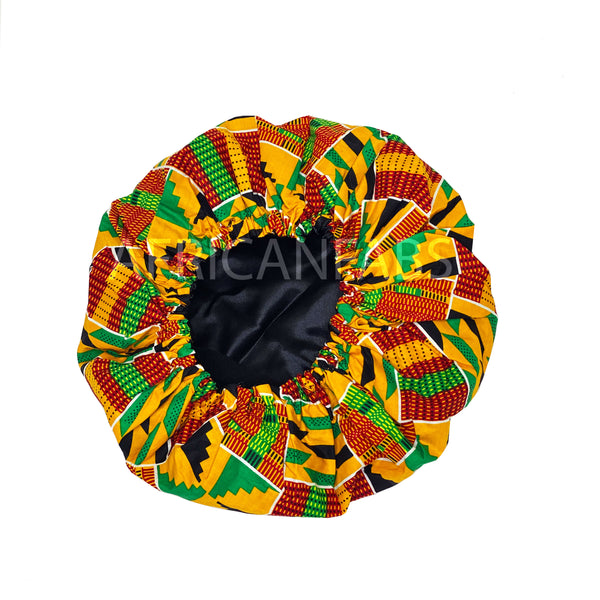 African Yellow Kente Print Hair Bonnet ( Satin lined Night sleep cap )