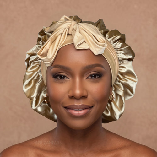 Satin Hair Bonnet with straps - Khaki ( Satin Night sleep cap )