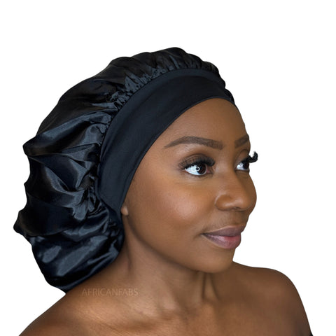 Satin Hair Bonnet - Black ( Satin Night sleep cap )