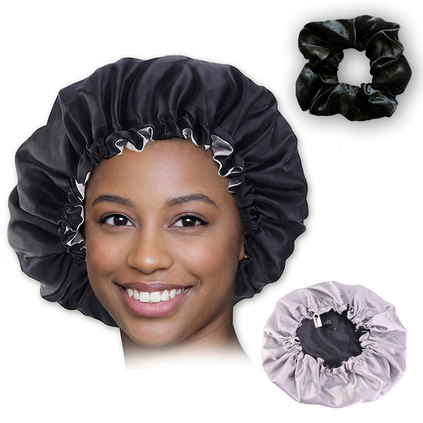 Black Satin Hair bonnet + Satin Scrunchie ( Adjustable & Reversable Satin Night sleep cap )