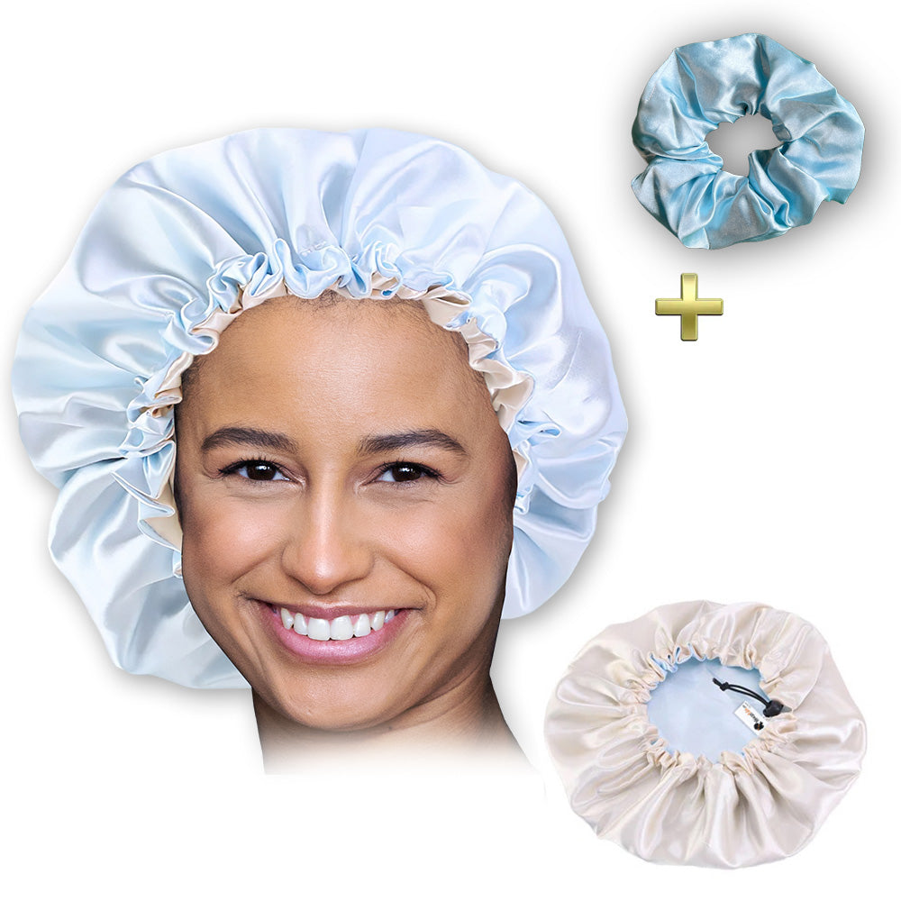 Light blue Satin Hair bonnet + Satin Scrunchie ( Reversable Satin Night sleep cap )