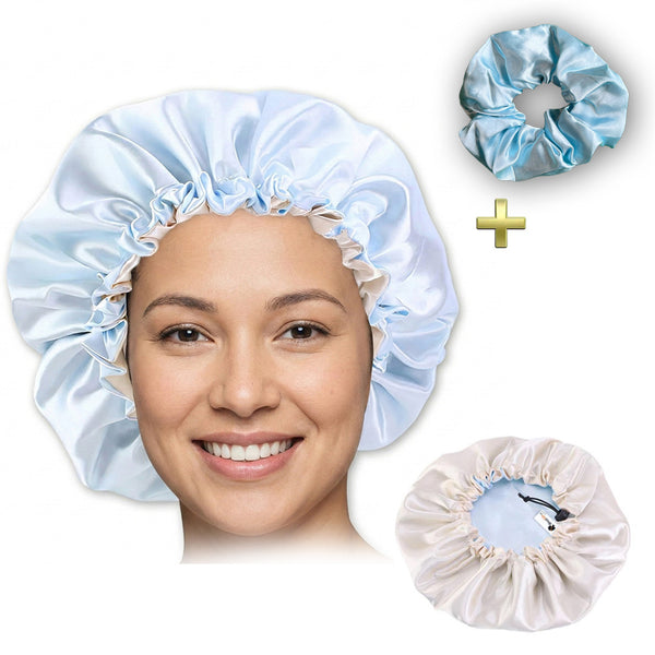 Light blue Satin Hair bonnet + Satin Scrunchie ( Adjustable & Reversable Satin Night sleep cap )