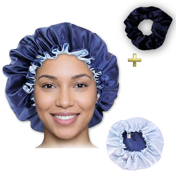 Blue Satin Hair bonnet + Satin Scrunchie ( Adjustable & Reversable Satin Night sleep cap )