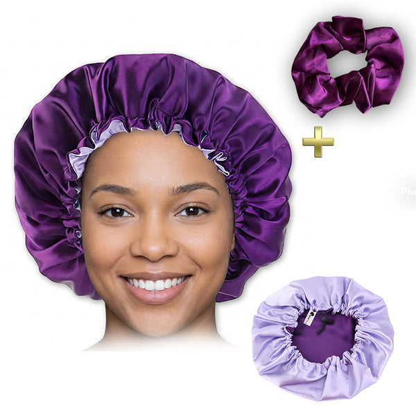 Purple Satin Hair bonnet + Satin Scrunchie ( Adjustable & Reversable Satin Night sleep cap )