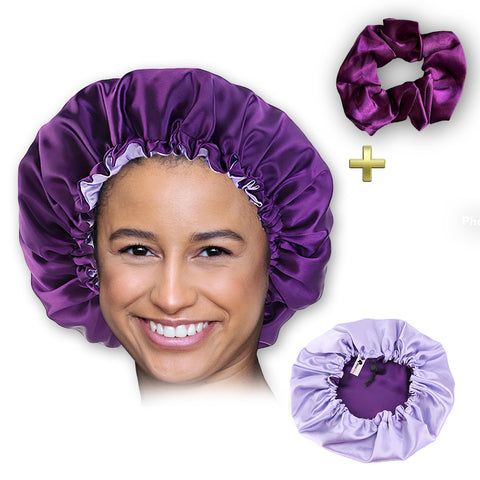 Purple Satin Hair bonnet + Satin Scrunchie ( Reversable Satin Night sleep cap )
