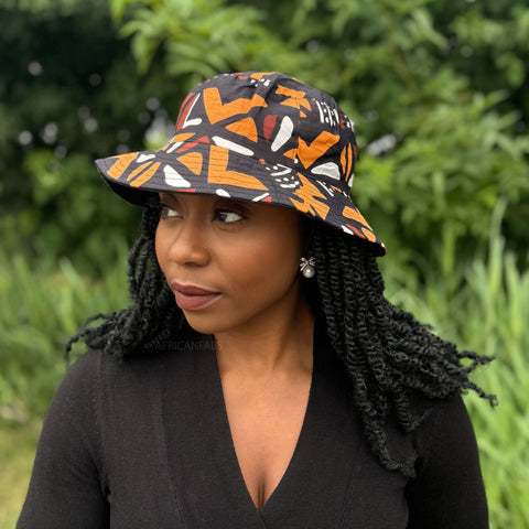 Bucket hat / Fisherman hat with African print - Brown Cross Bogolan - Kids & Adults sizes (Unisex)