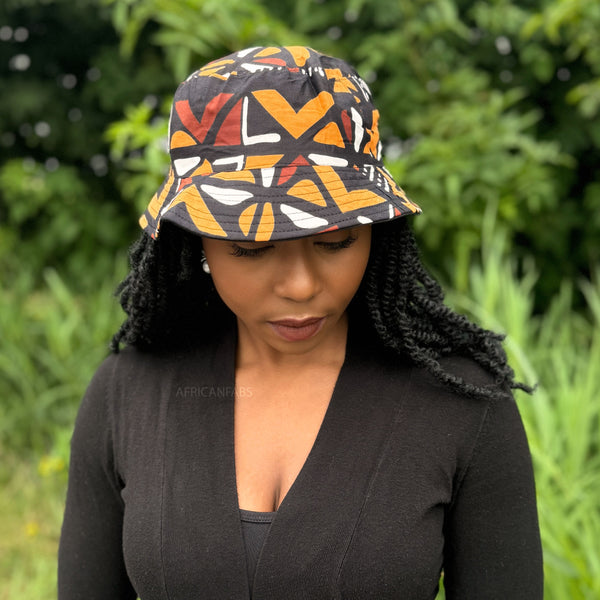 Bucket hat / Fisherman hat with African print - Brown Cross Bogolan - Kids & Adults sizes (Unisex)